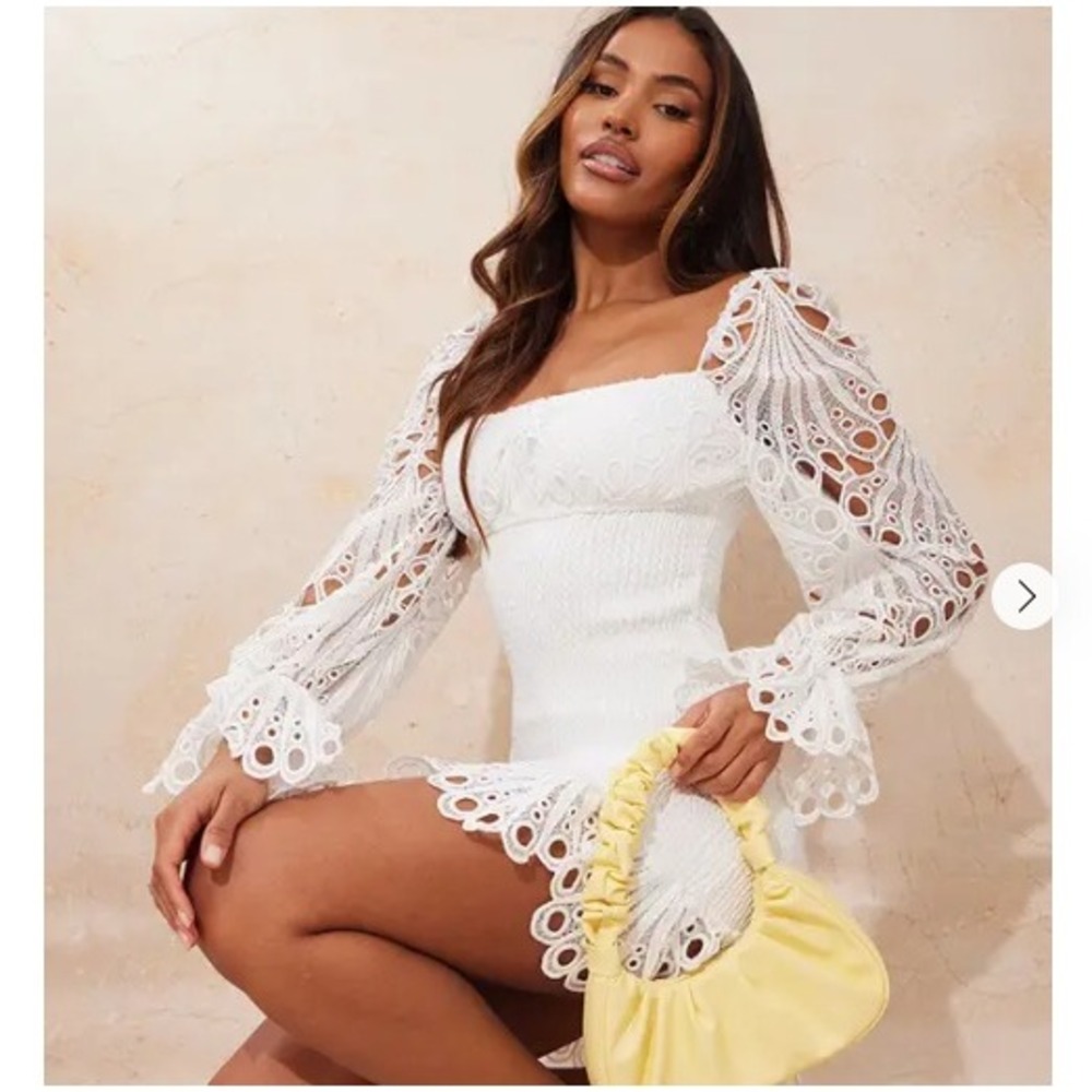 PrettyLittleThing White Lace Sleeve‎ Shirred Bodycon Dress CMS8462 Size 6 NEW